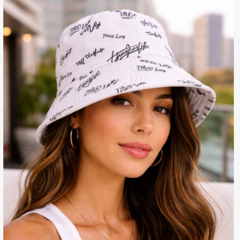 White Bucket Hat Thug Life Outlaw Graphic Streetwear Y2K Unisex Festival Cap